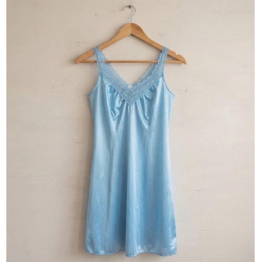 Stardust Blue Satin Lace Slip Dress Midi Dainty Coquette Whimsical Slit Large